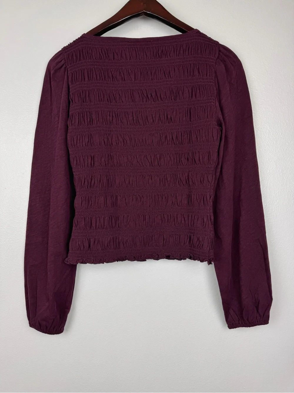 Madewell Smocked Cotton Boatneck Puff Sleeves Slim Fit Top Burgundy Size XS NWT